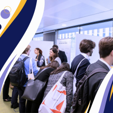 This is a banner for the CEMS Career Forum 2024. It has a white background, with key information (dates, place, registrations...) in yellow, blue and light purple. It also includes a picture of students talking to companies.