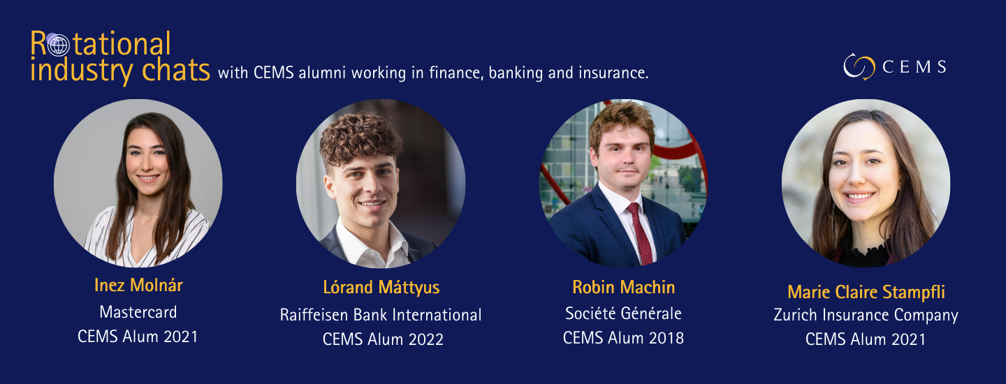 This is a banner of CEMS alumni participating to the event. It shows the faces of each speaker as well as their company name, graduation year and name on a blue background in yellow text.