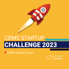 This is a logo of the CEMS Startup Challenge, on a yellow background including a rocket and some important details about the event.