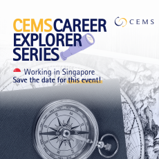 This is a black and white picture of a compass on a map. It informs viewers of the CEMS Career Explorer Series focused on Singapore and to save the date for April 24th.