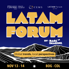 This is a blue banner with black mountains, reflecting the Colombia landscape. It includes key information about the event, such as the date, the location and topic.