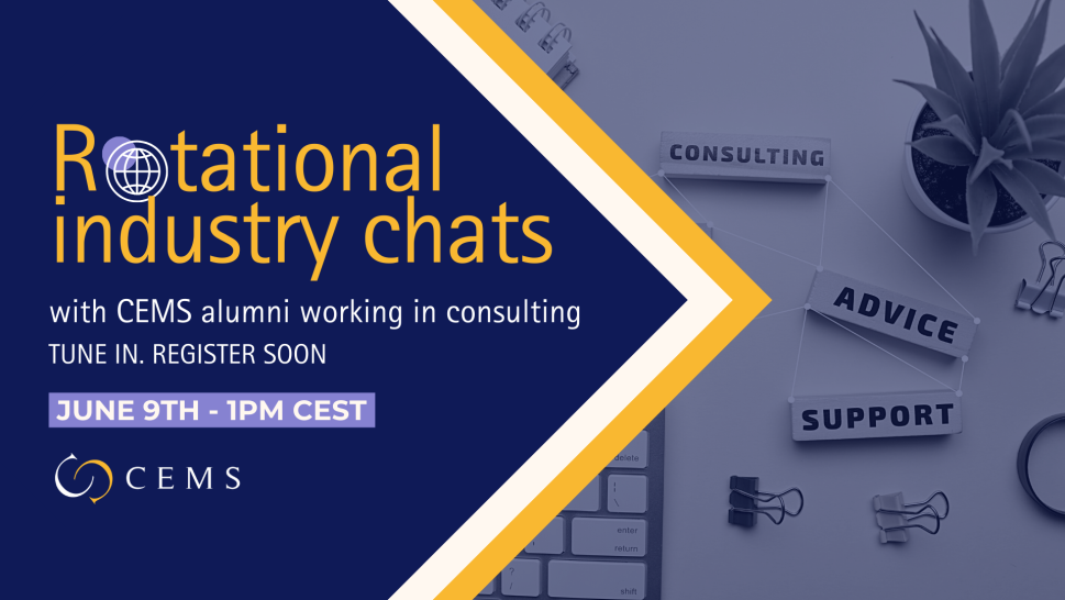 This picture is a banner designed for the Rotational Industry Chats. It includes the event name, the date, hour and invites people to tune in and sign up. It is coloured in blue, yellow and light purple alongside as a picture that represents the consulting industry.