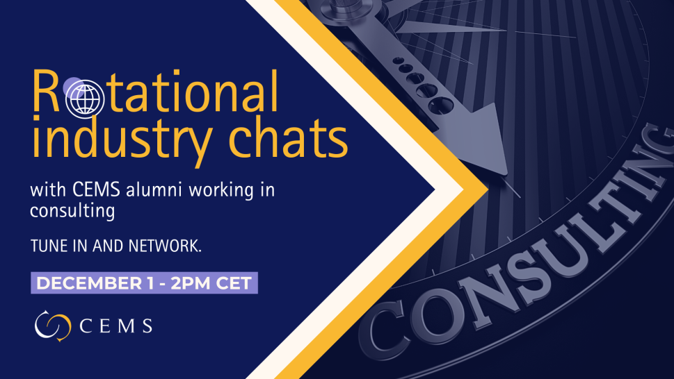This is a banner for the rotational industry chats, on December 1st at 2pm CET. It is blue with a picture of consultants and some yellow strips.