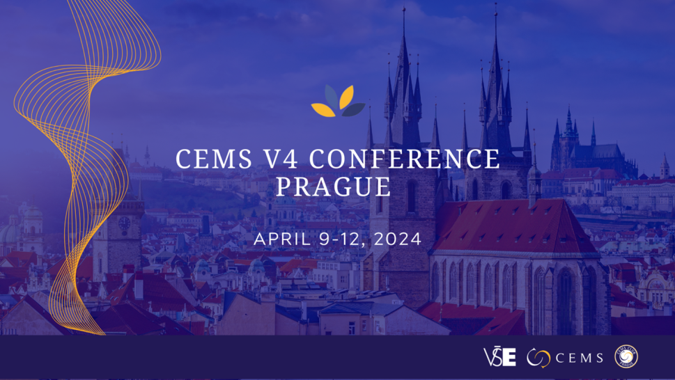 This is a banner of the CEMS V4 Conference. It represents a picture of Prague, with a deep blue filter, the CEMS logo, VSE logo and the CEMS Club Conference logo.