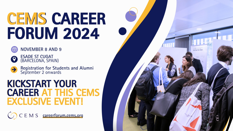 This is a banner for the CEMS Career Forum 2024. It has a white background, with key information (dates, place, registrations...) in yellow, blue and light purple. It also includes a picture of students talking to companies.