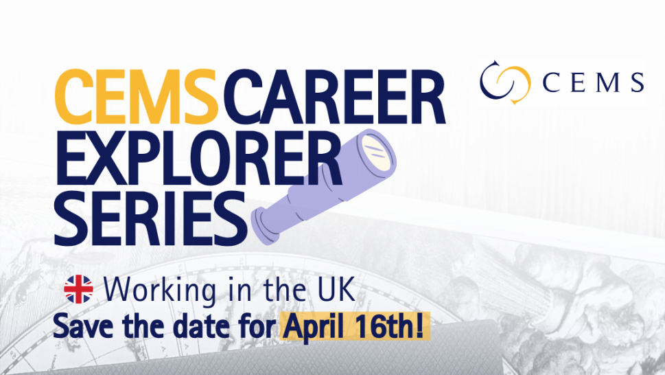 This is a picture of a compass with the title "CEMS Career Explorer Series" and the event date.