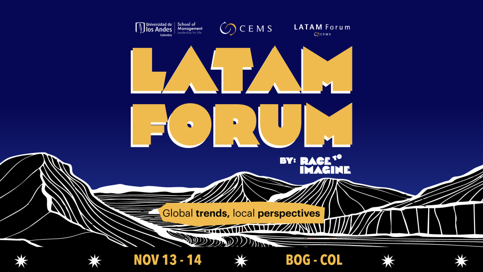 This is a blue banner with black mountains, reflecting the Colombia landscape. It includes key information about the event, such as the date, the location and topic.