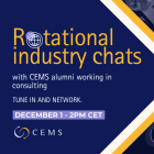 This is a banner for the rotational industry chats, on December 1st at 2pm CET. It is blue with a picture of consultants and some yellow strips.